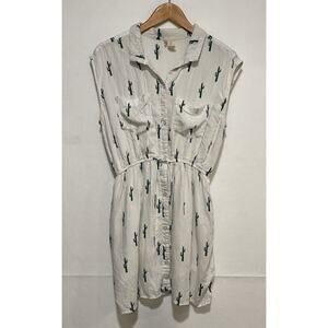 Japna Women's Super Soft Cotton Lined White Green‎ Cactus Dress Sz L